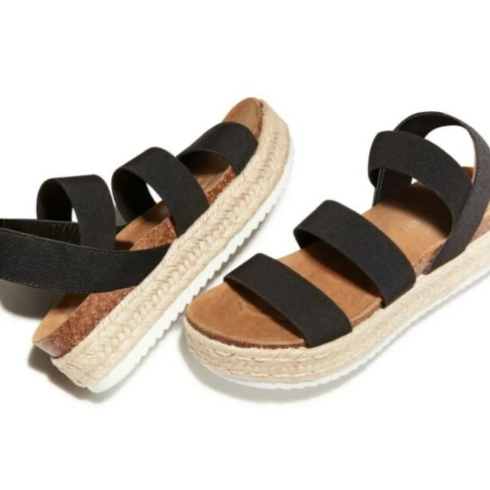 Madden Girl Black Elastic Strap Espadrille Wedge Sandals Sz 7